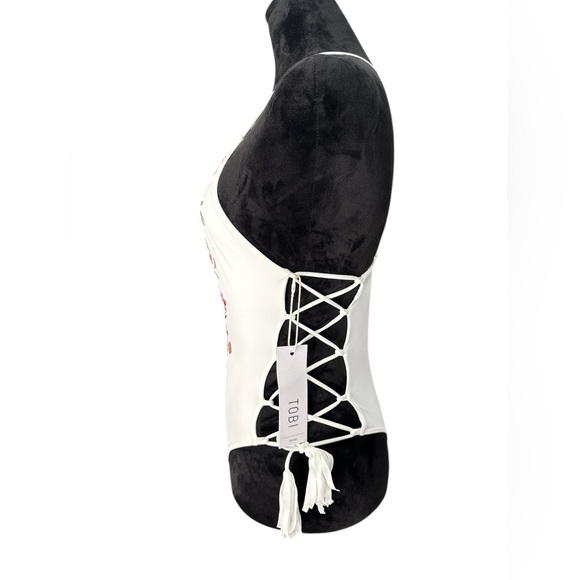 Tobi White Embroidered Floral One Piece Swimsuit XS Deep V Plunge, Lace-Up Sides - Picture 4 of 16